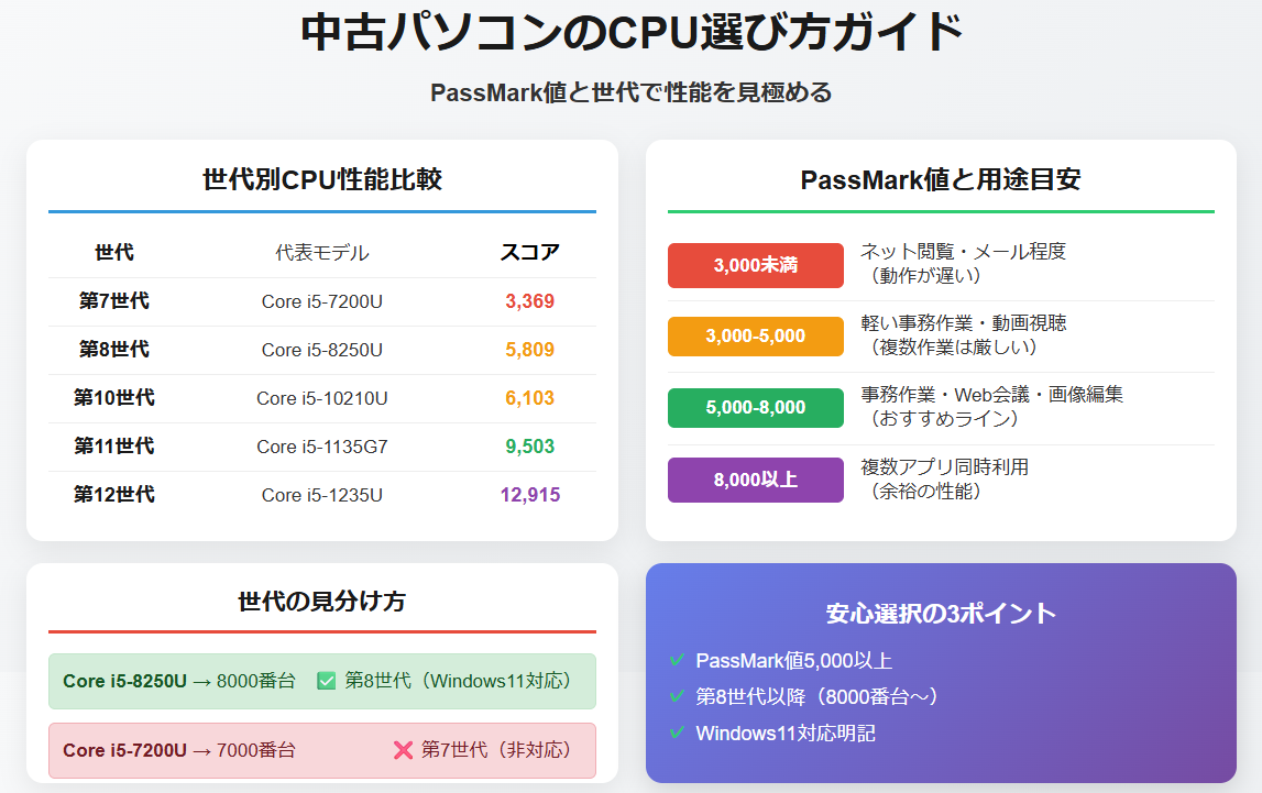 中古パソコンのCPUの選び方と世代の見分け方