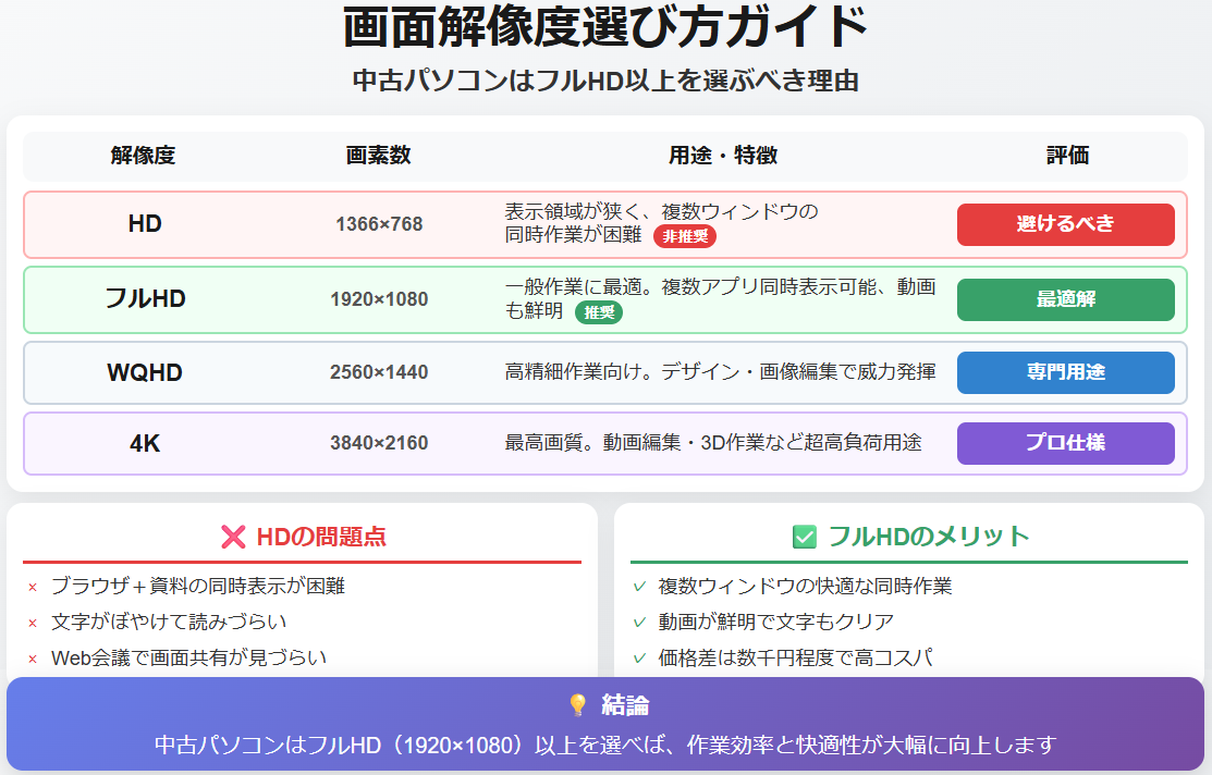 画面解像度|中古パソコンはフルHD以上を選ぶべき理由