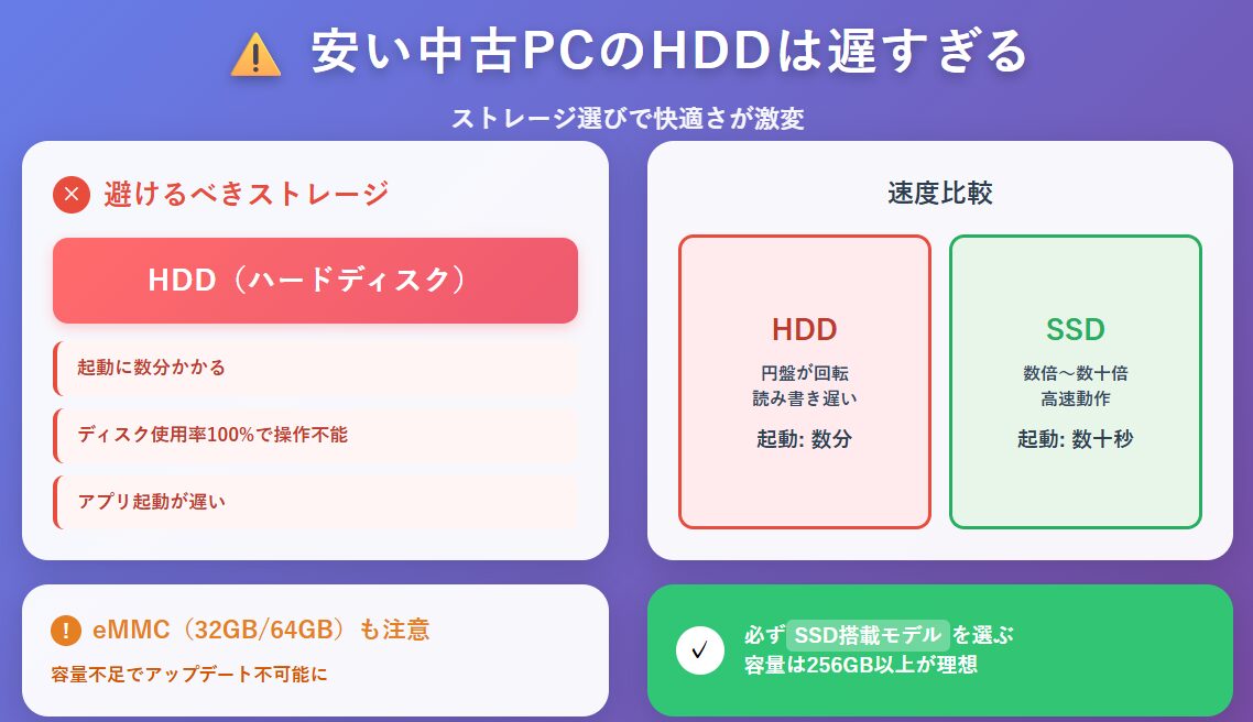 安い中古PCのHDDは遅すぎる