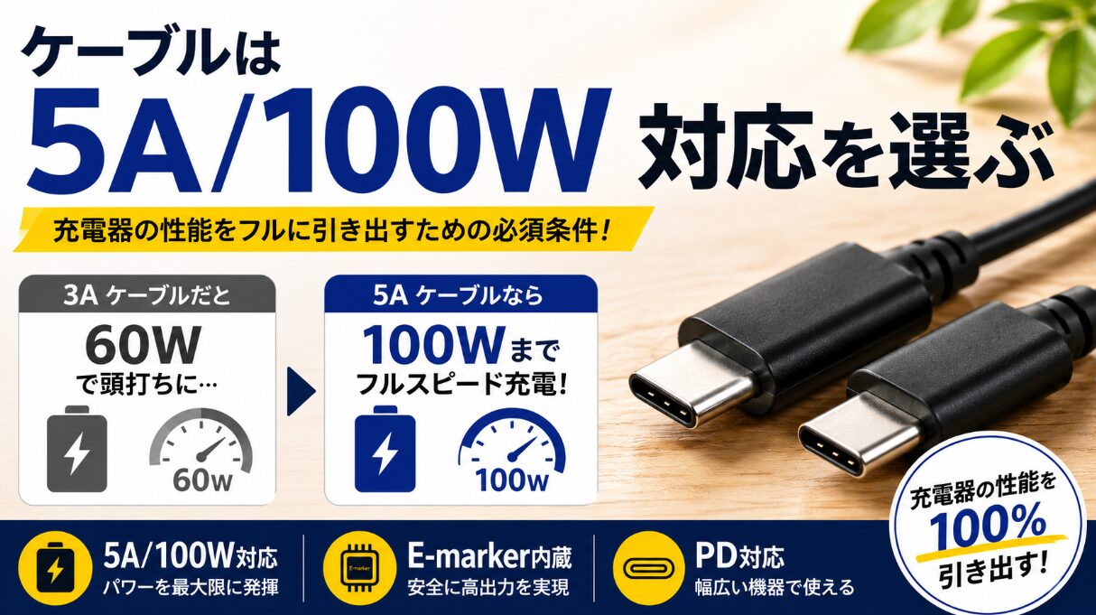 ケーブルは5A/100W対応を選ぶ