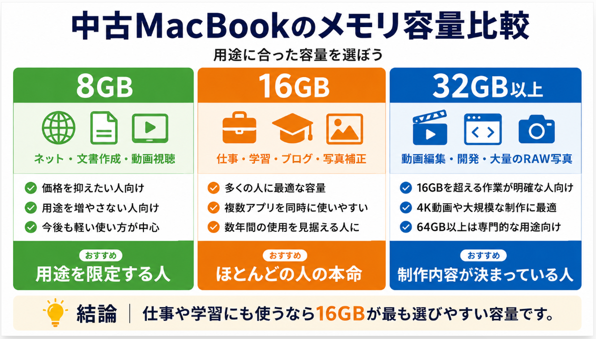 結論：中古MacBookのメモリは16GBが本命