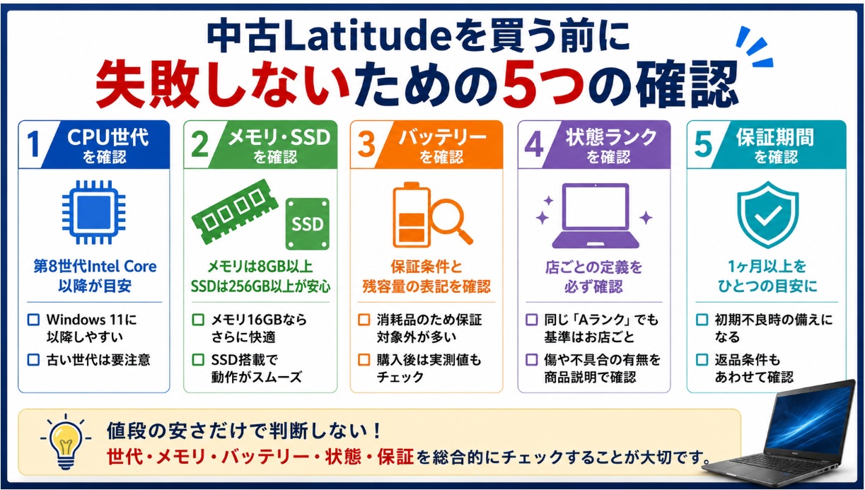 中古Latitudeを買う前に確認する5つ　CPU世代・メモリとSSD・バッテリー・状態ランク・保証期間