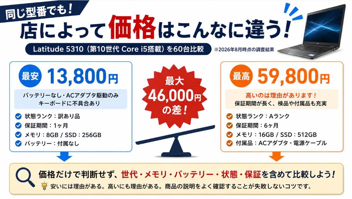 同じLatitude 5310でも店によって価格が最大46,000円違う　最安と最高の条件の比較