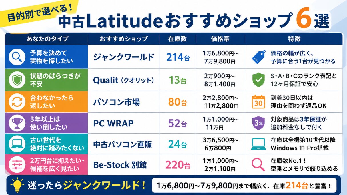 用途別に選ぶ中古Latitudeのおすすめショップ6選 在庫数と価格帯と特徴の比較表