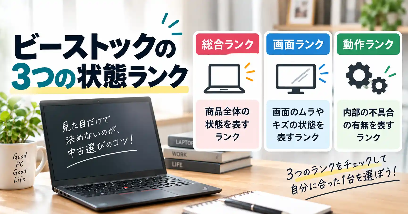 ビーストックの3つの状態ランク（総合ランクは商品全体の状態、画面ランクは画面のムラやキズ、動作ランクは内部の不具合の有無を表す）