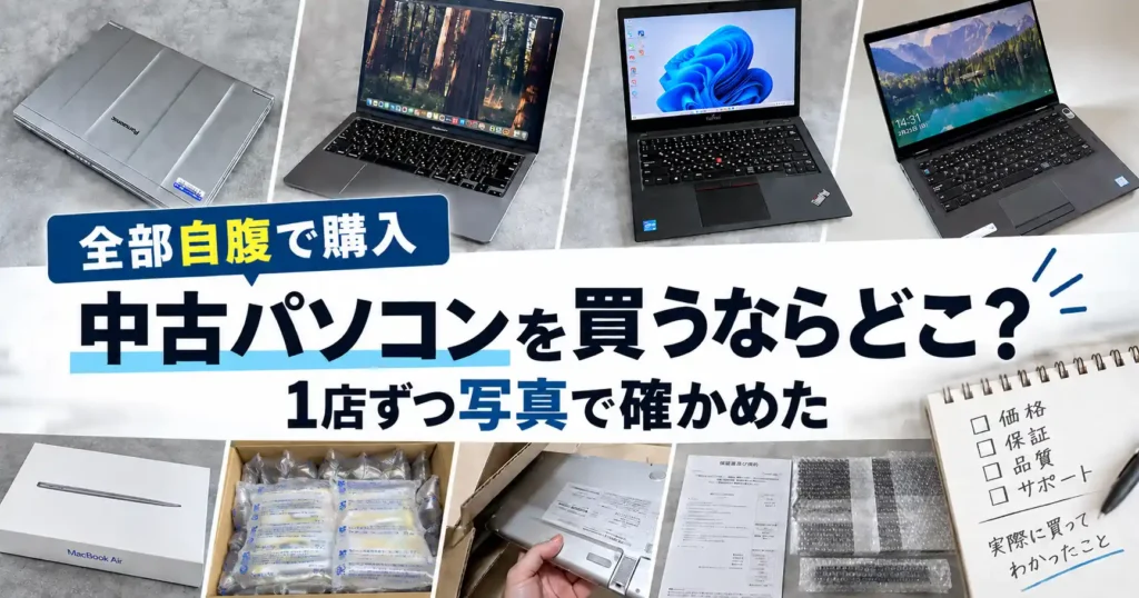 中古パソコンを買うならどこか、専門店6店で自腹購入した実機と梱包・保証書類を並べたアイキャッチ