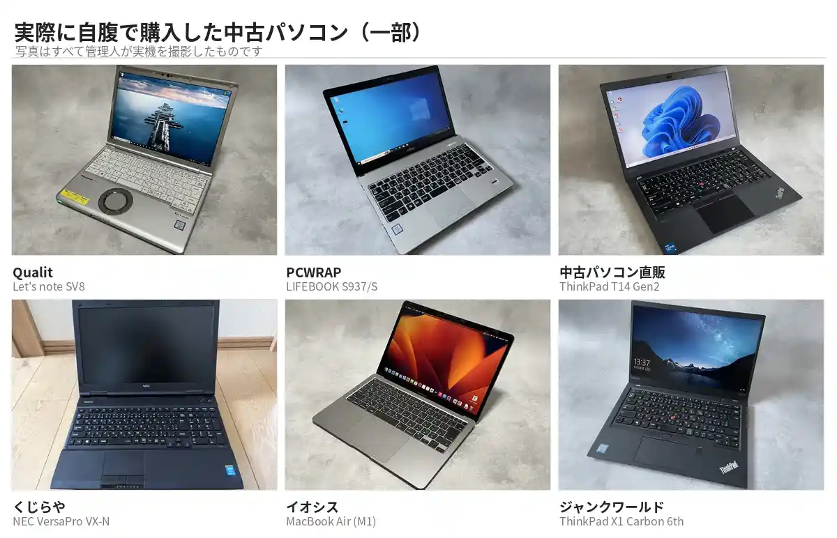 管理人が自腹で購入した中古パソコン6台（Let's note SV8／LIFEBOOK S937／ThinkPad T14 Gen2／NEC VersaPro／MacBook Air M1／ThinkPad X1 Carbon）とその購入ショップ