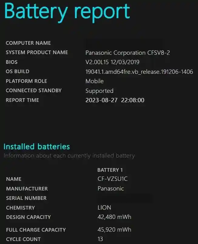 CF-SV8のバッテリーレポート(設計容量42,480mWh・満充電容量45,920mWh)