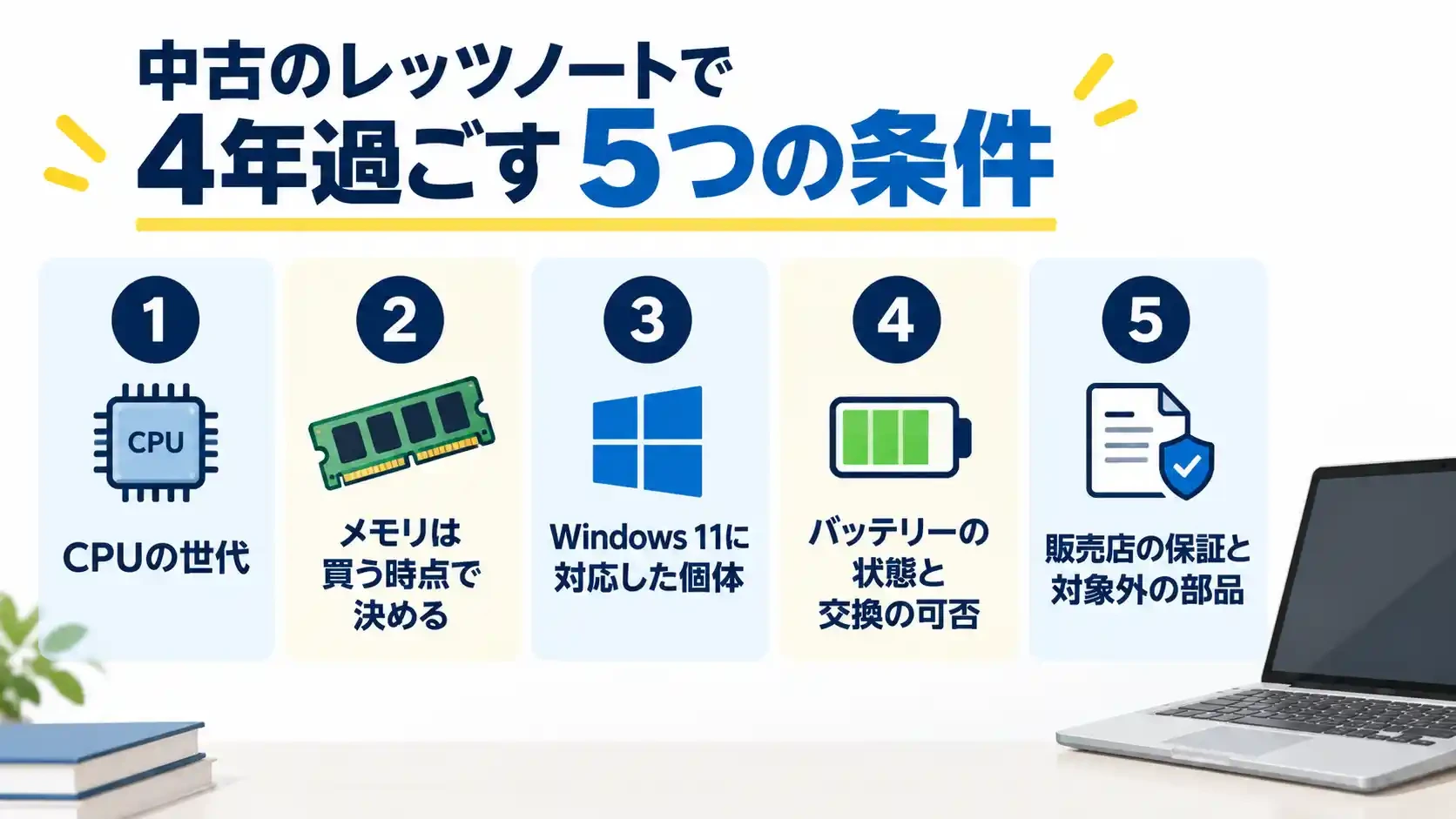 中古のレッツノートで大学の4年間を過ごすための5つの条件を並べた図解