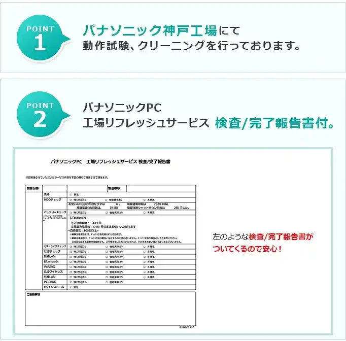 パナソニック神戸工場での動作試験とクリーニングの案内と検査/完了報告書の見本