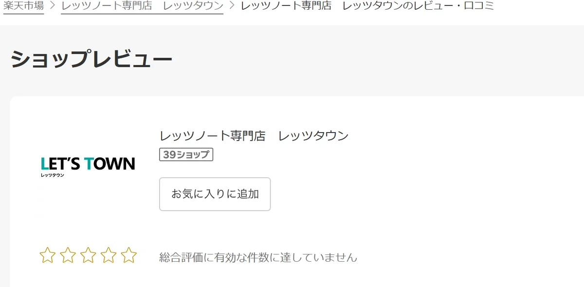 楽天市場のレッツタウンのショップレビュー画面で総合評価に有効な件数に達していないと表示された状態
