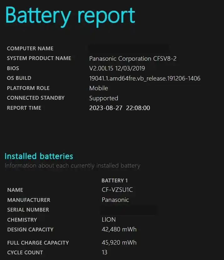 クオリットで購入したレッツノートCF-SV8のバッテリーレポート。設計容量と満充電容量が表示されている