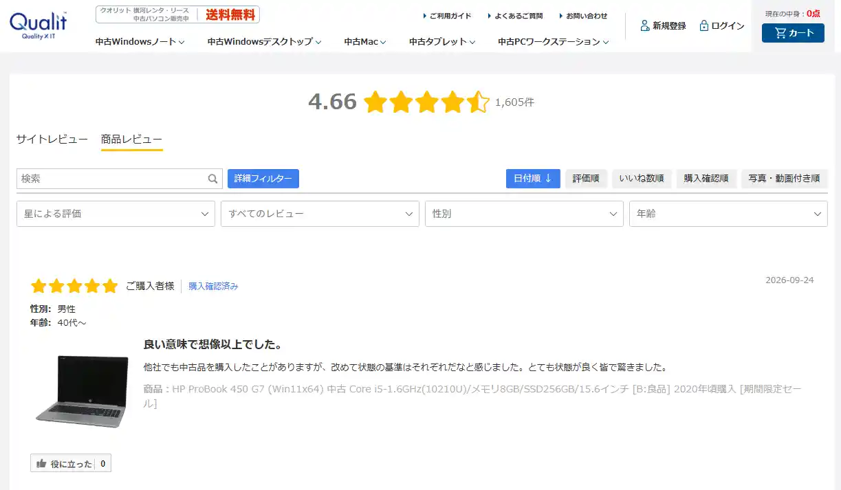 Qualit公式サイトの商品レビュー。平均の星と件数
