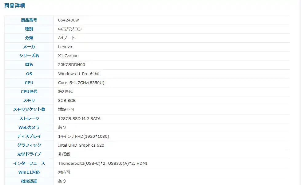 クオリットの商品ページのスペック欄。CPU世代とWin11対応の項目が並んでいる