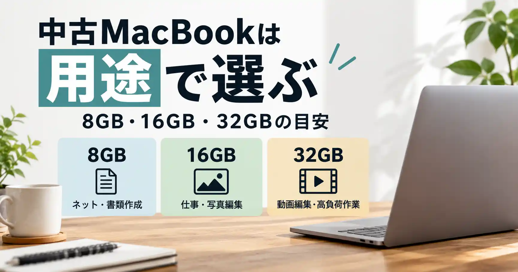 中古MacBookのメモリを用途別に8GB・16GB・32GBで示したイメージ画像