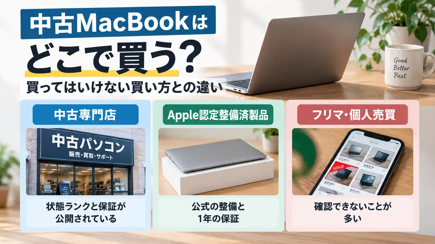 中古MacBookはどこで買う？中古専門店・Apple認定整備済製品・フリマや個人売買の違いを示した図