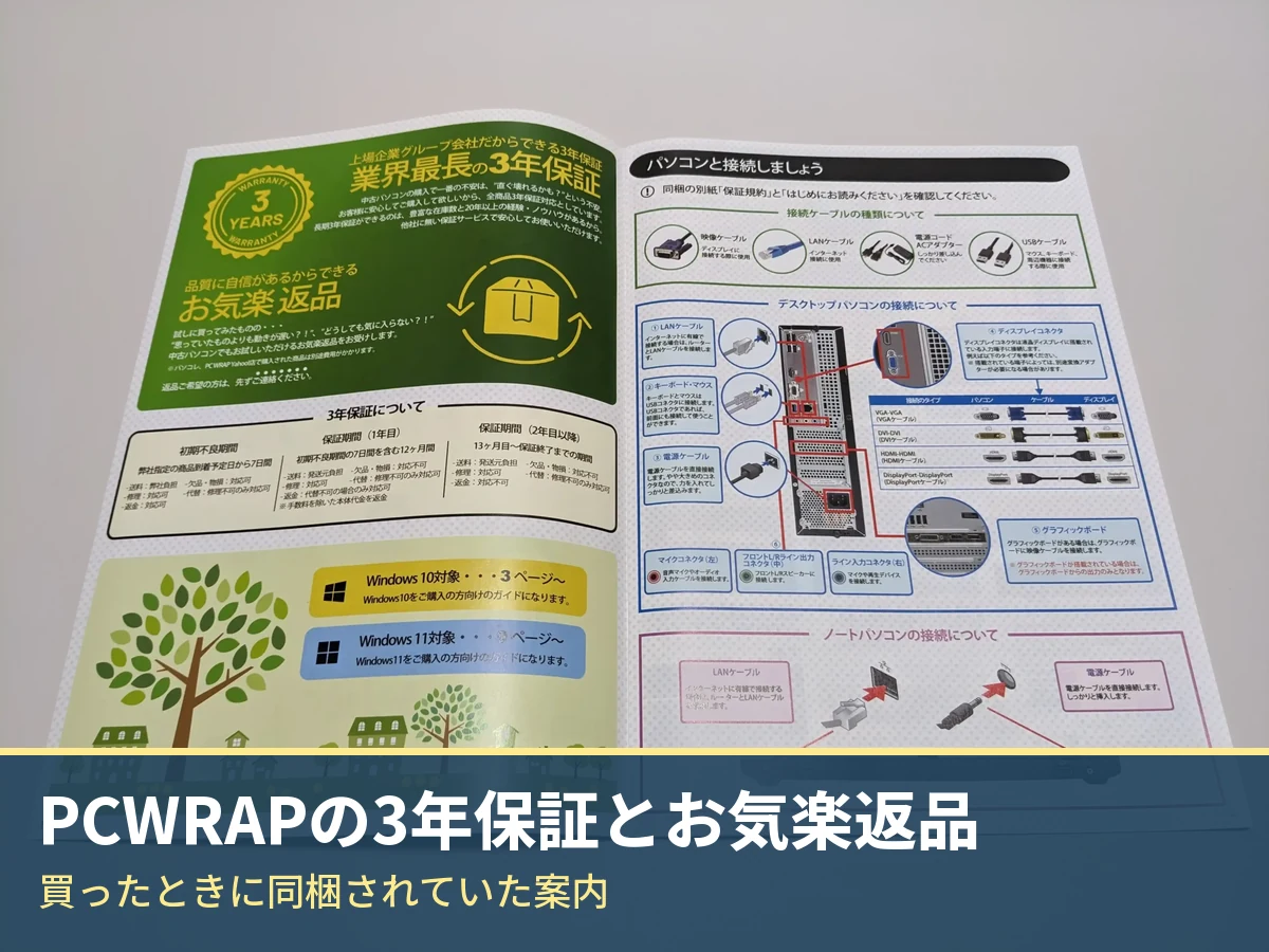 PCWRAPに同梱されていた3年保証とお気楽返品の案内