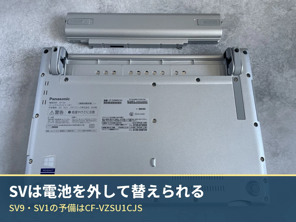 レッツノートCF-SV8の底面から取り外した着脱式のバッテリーパック