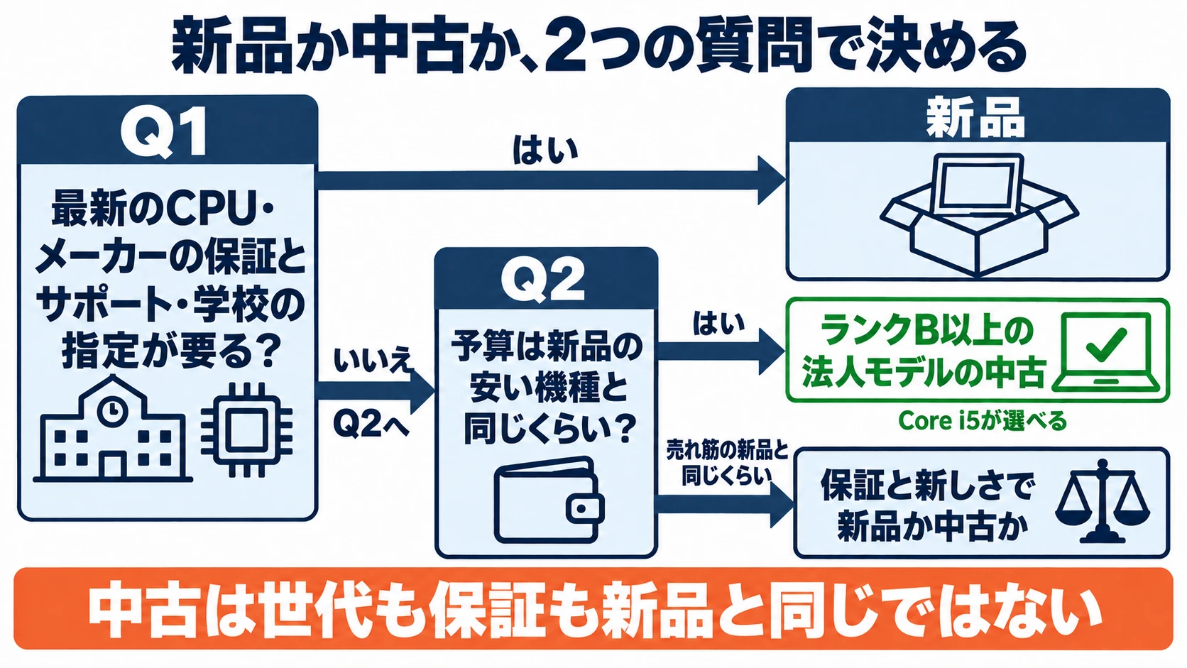 新品か中古かを2つの質問で決める図。Q1最新のCPU・メーカーの保証とサポート・学校の指定が要る?はい=新品。いいえ=Q2予算は新品の安い機種と同じくらい?はい=ランクB以上の法人モデルの中古(Core i5が選べる)。売れ筋の新品と同じくらい=保証と新しさで新品か中古か。中古は世代も保証も新品と同じではない