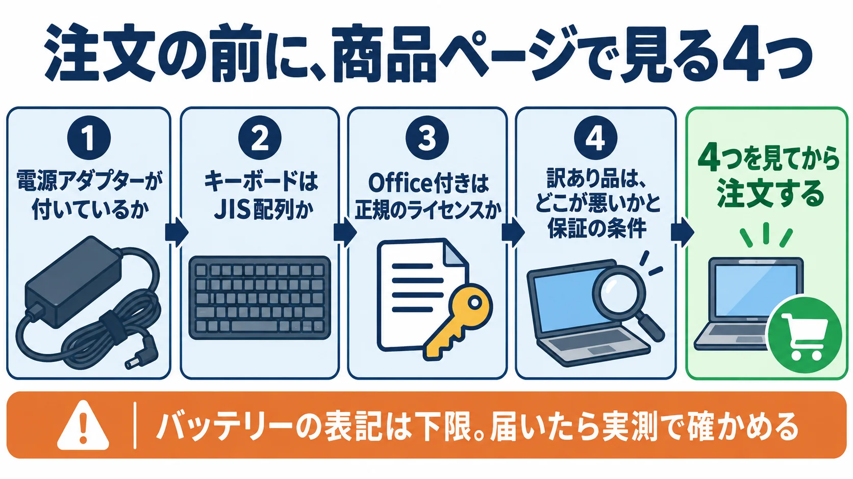 注文の前に商品ページで見る4つ。電源アダプターが付いているか、キーボードはJIS配列か、Office付きは正規のライセンスか、訳あり品はどこが悪いかと保証の条件。バッテリーの表記は下限なので届いたら実測で確かめる