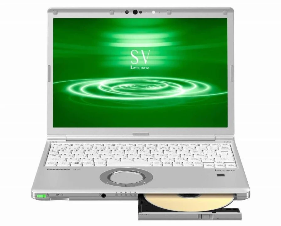レッツノート SV9（シルバー・スーパーマルチドライブ付き）の正面。DVDドライブのトレイが開いている