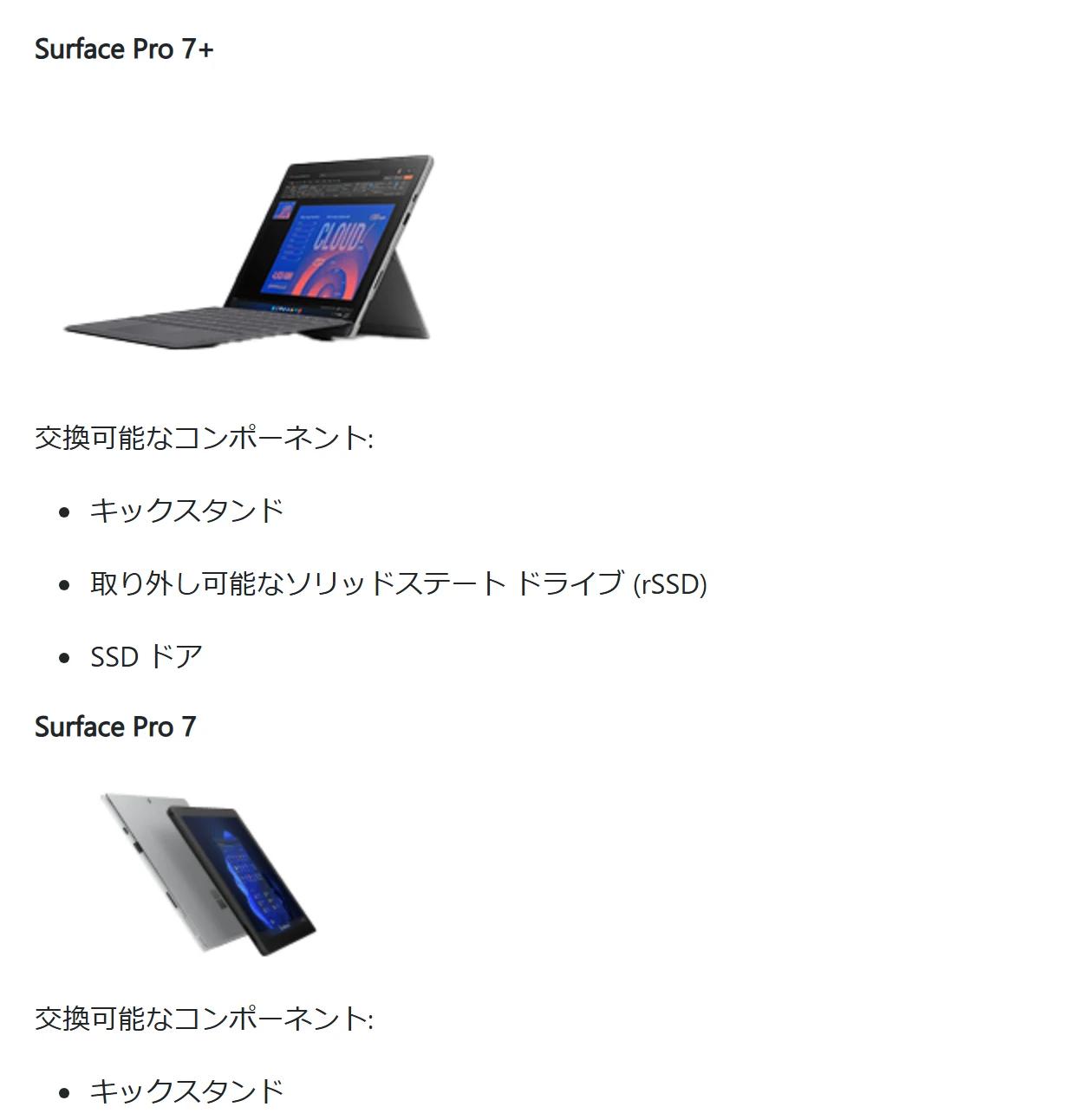 Surfaceの自己修復情報。Surface Pro 7+はキックスタンド・rSSD・SSDドア、Surface Pro 7はキックスタンドだけが交換可能なコンポーネント